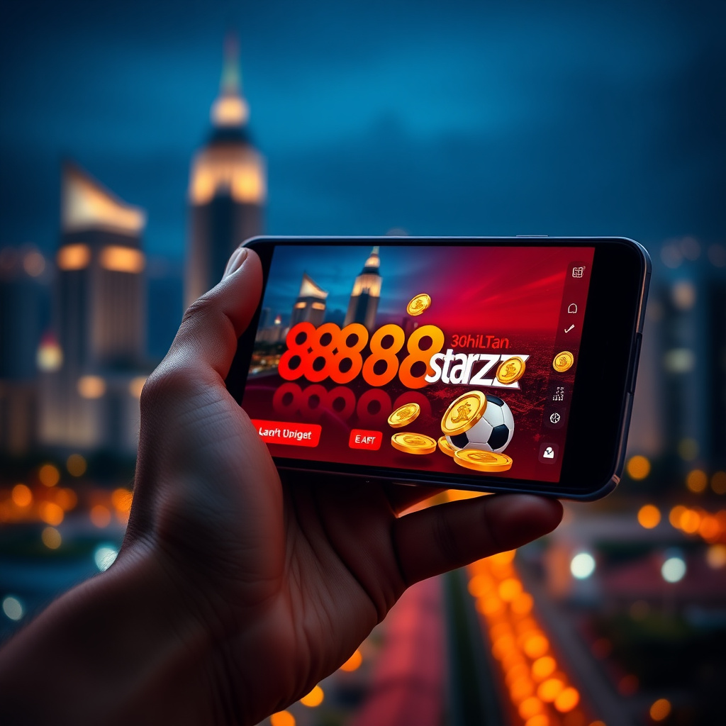 A hand holding a high-end smartphone displaying the official 888starz app with a red and black interface, background is the Tashkent City skyline and Hilton hotel towers at night with golden bokeh lights, 3D golden coins and a soccer ball popping out of t